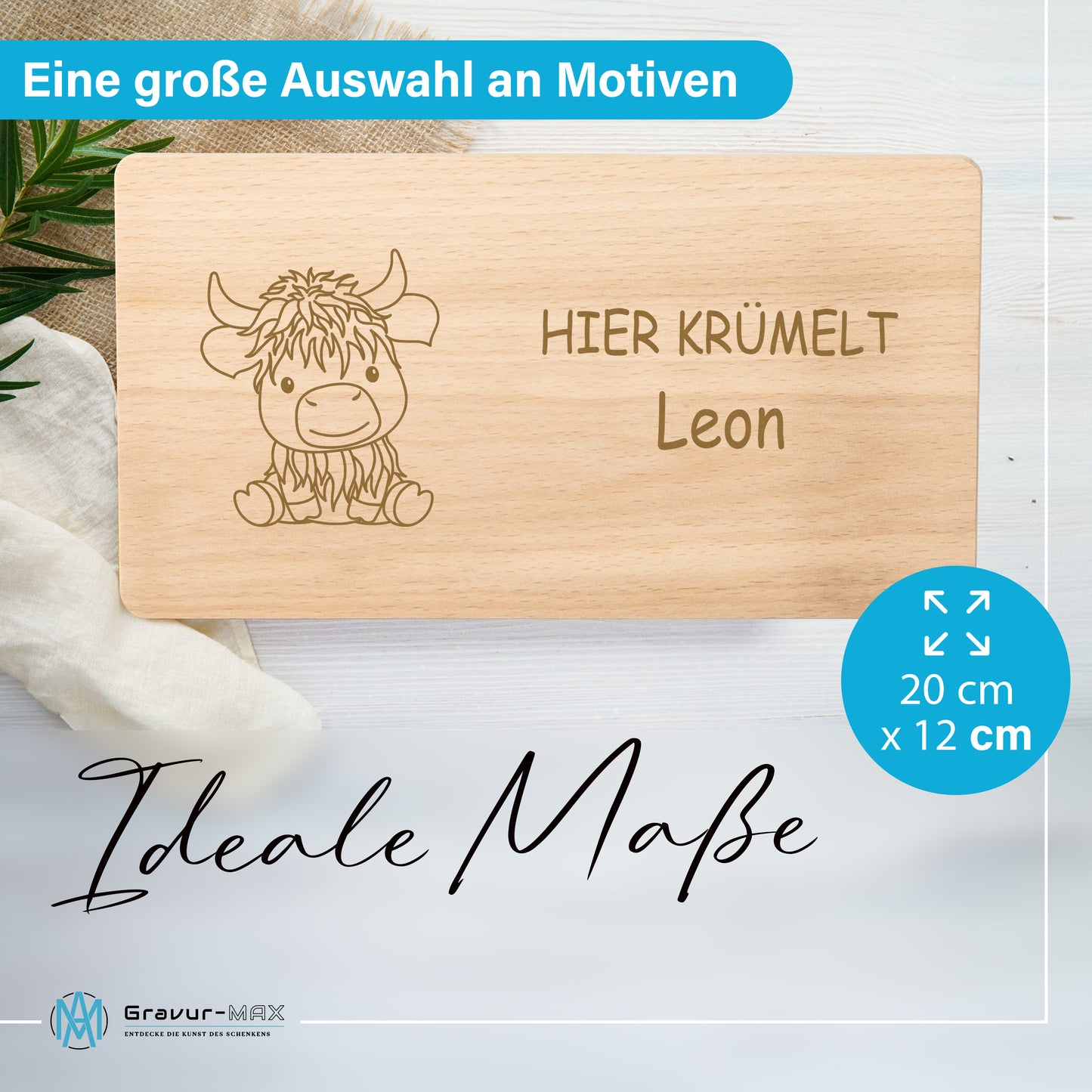 Frühstücksbrettchen 220x120mm mit Gravur "HIER KRÜMELT" mit Bison und Wunschname