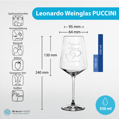 Weinglas mit Gravur Leonardo Puccini "LIEBES GLAS HERZ1" 2 Gläser und Holzbox groß mit Wunschname & Datum