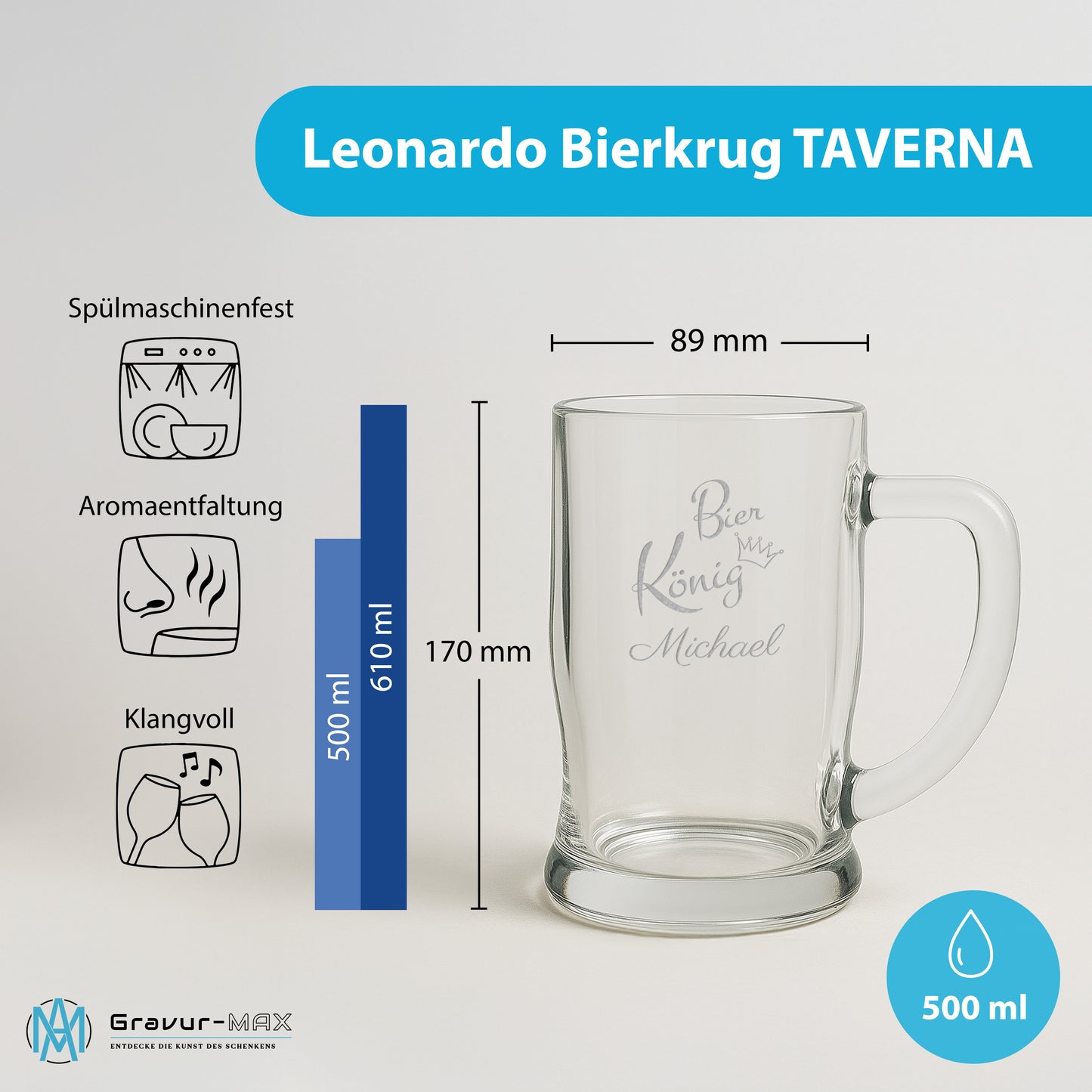 Bierkrug 0,5L mit Gravur Leonardo Taverna Bierglas "Bier König" 2 Gläser mit Wunschname