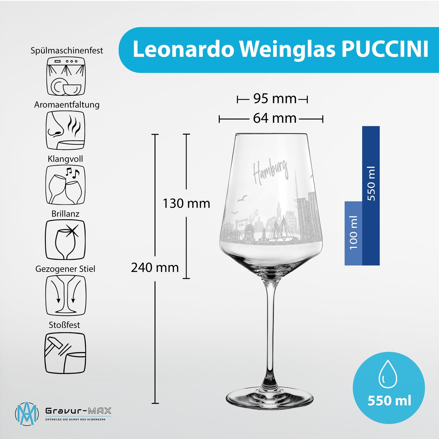 Weinglas mit Gravur Leonardo Puccini "SKYLINE HAMBURG" optional mit Wunschname