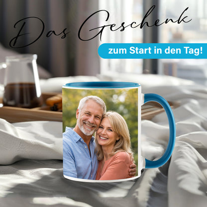 Personalisierte Fototasse selbst gestalten – in 13 ver. Farben mit eigenem Bild & Text | 3D Vorschau (330 ml)