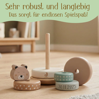 Jollein Stapelturm personalisierbar mit Name & Datum aus FSC-Holz - Babygeschenk zur Geburt oder Taufe