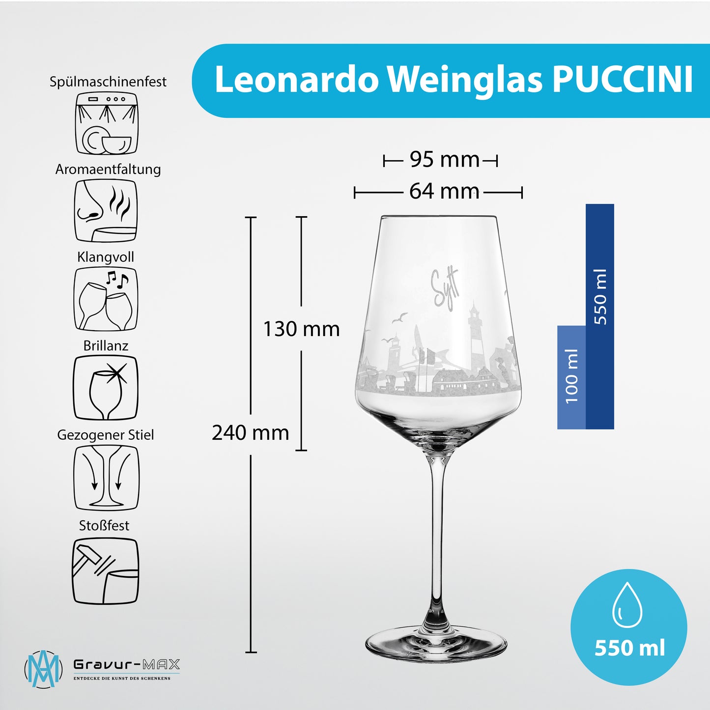Weinglas mit Gravur Leonardo Puccini "SKYLINE SYLT" optional mit Wunschname