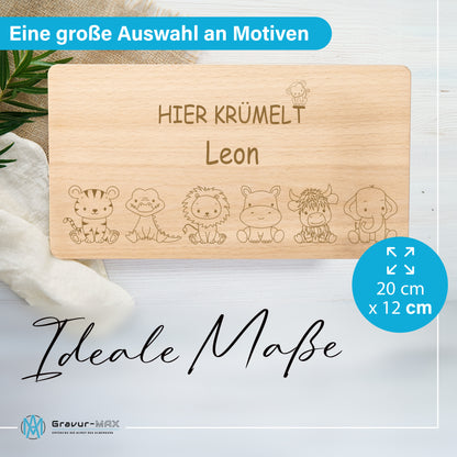 Frühstücksbrettchen 220x120mm mit Gravur "HIER KRÜMELT" Tierchen und Wunschname