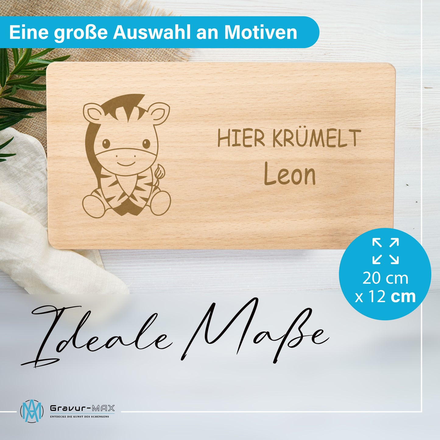 Frühstücksbrettchen 220x120mm mit Gravur "HIER KRÜMELT" mit Zebra und Wunschname