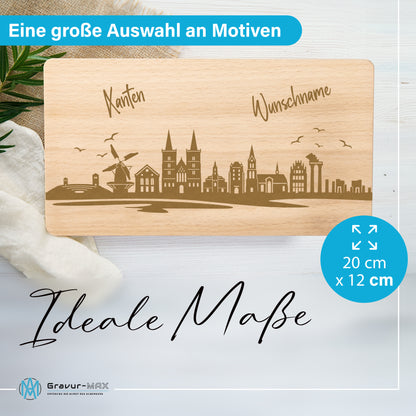 Frühstücksbrettchen 220x120mm mit Gravur mit der Skyline von Xanten personalisierbar mit Wunschname
