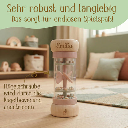 Jollein Regenmacher Rosa personalisierbar mit Name aus FSC-Holz - Babyrassel - Babygeschenk zur Geburt oder Taufe