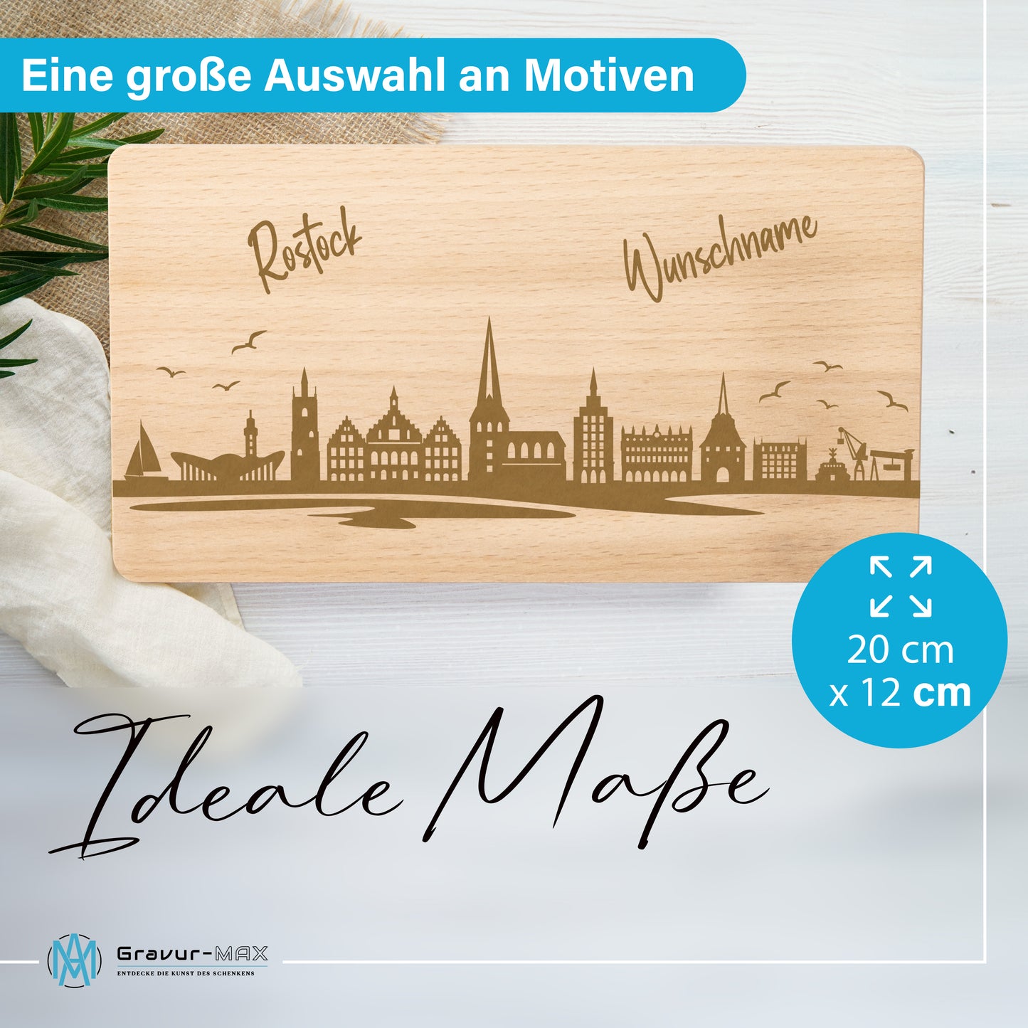 Frühstücksbrettchen 220x120mm mit Gravur mit der Skyline von Rostock personalisierbar mit Wunschname
