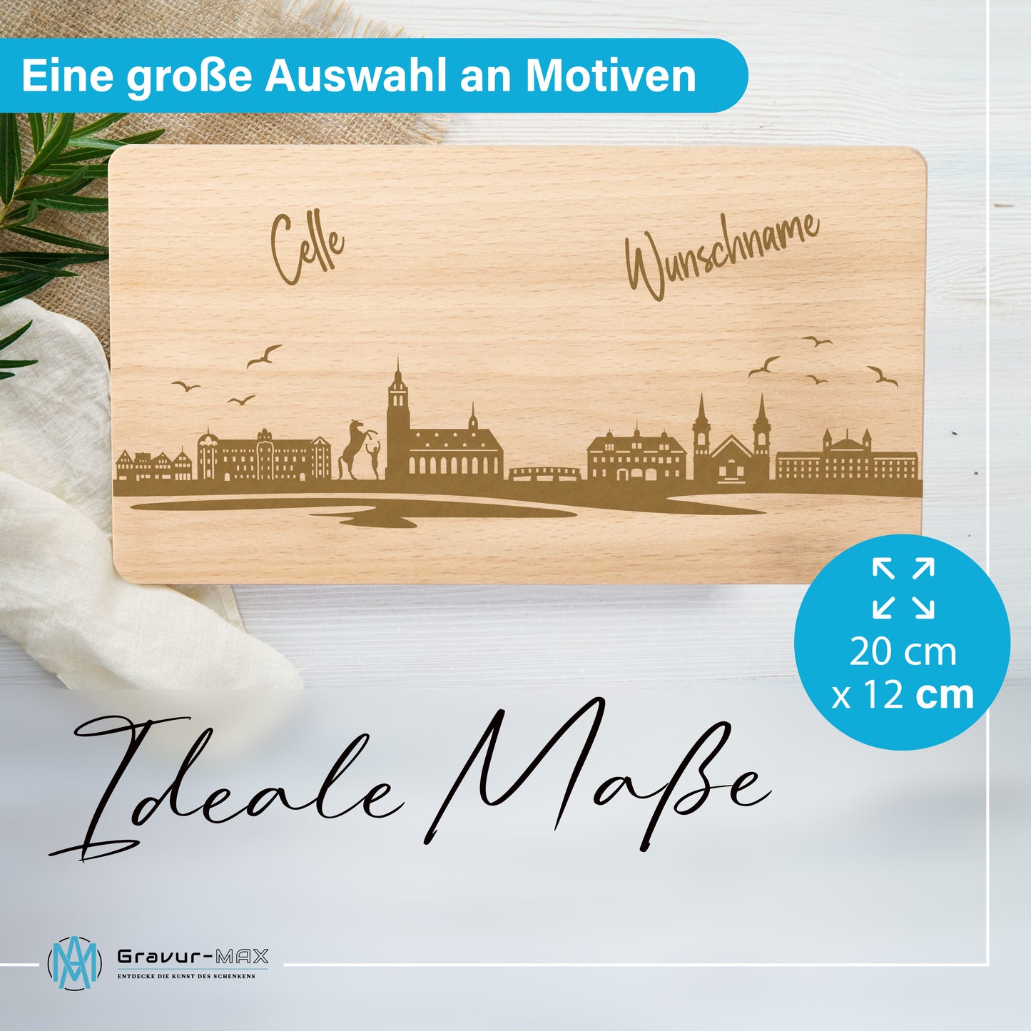 Frühstücksbrettchen 220x120mm mit Gravur mit der Skyline von Celle personalisierbar mit Wunschname