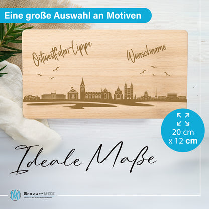 Frühstücksbrettchen 220x120mm mit Gravur mit der Skyline von Ostwestfalen-Lippe personalisierbar mit Wunschname