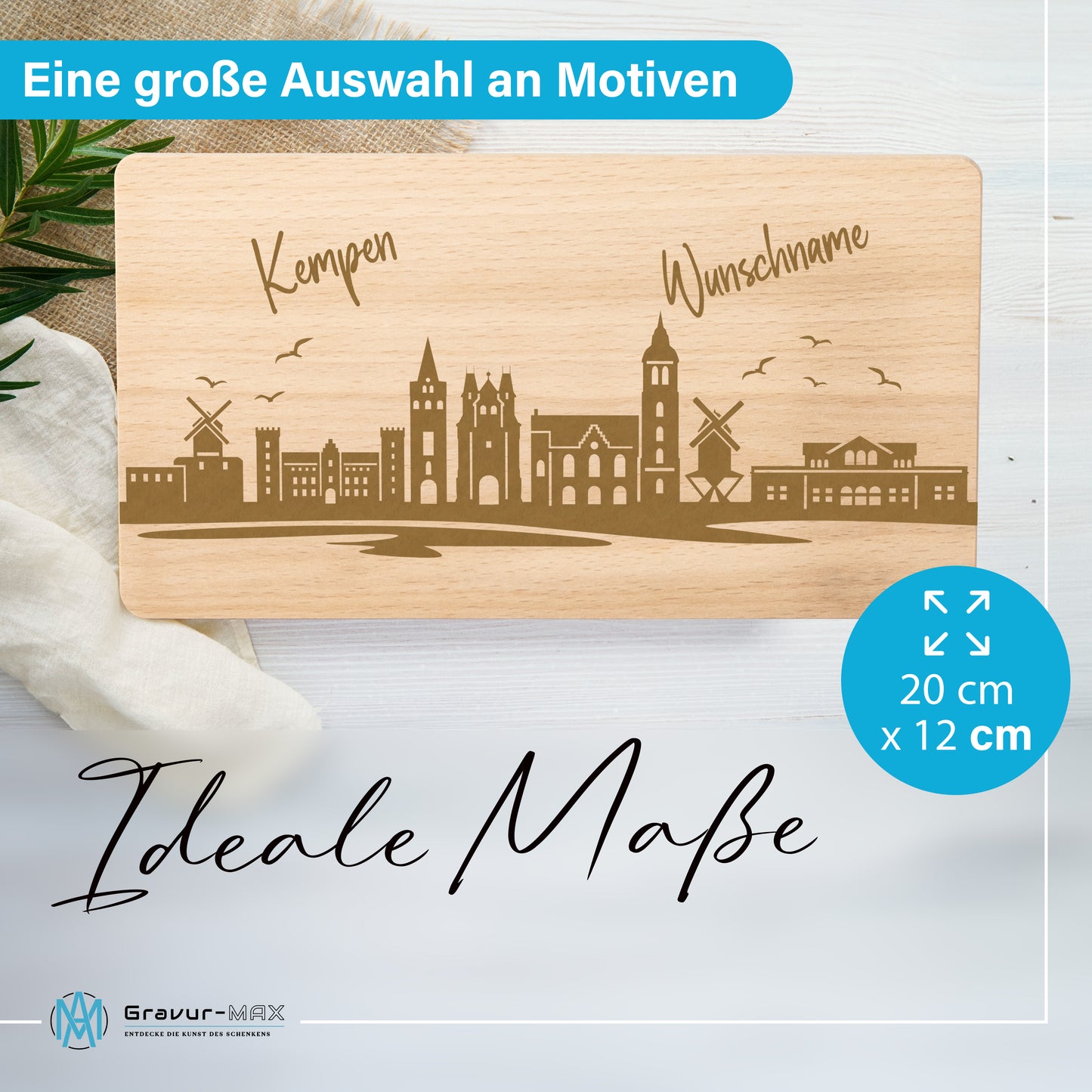Frühstücksbrettchen 220x120mm mit Gravur mit der Skyline von Kempen personalisierbar mit Wunschname