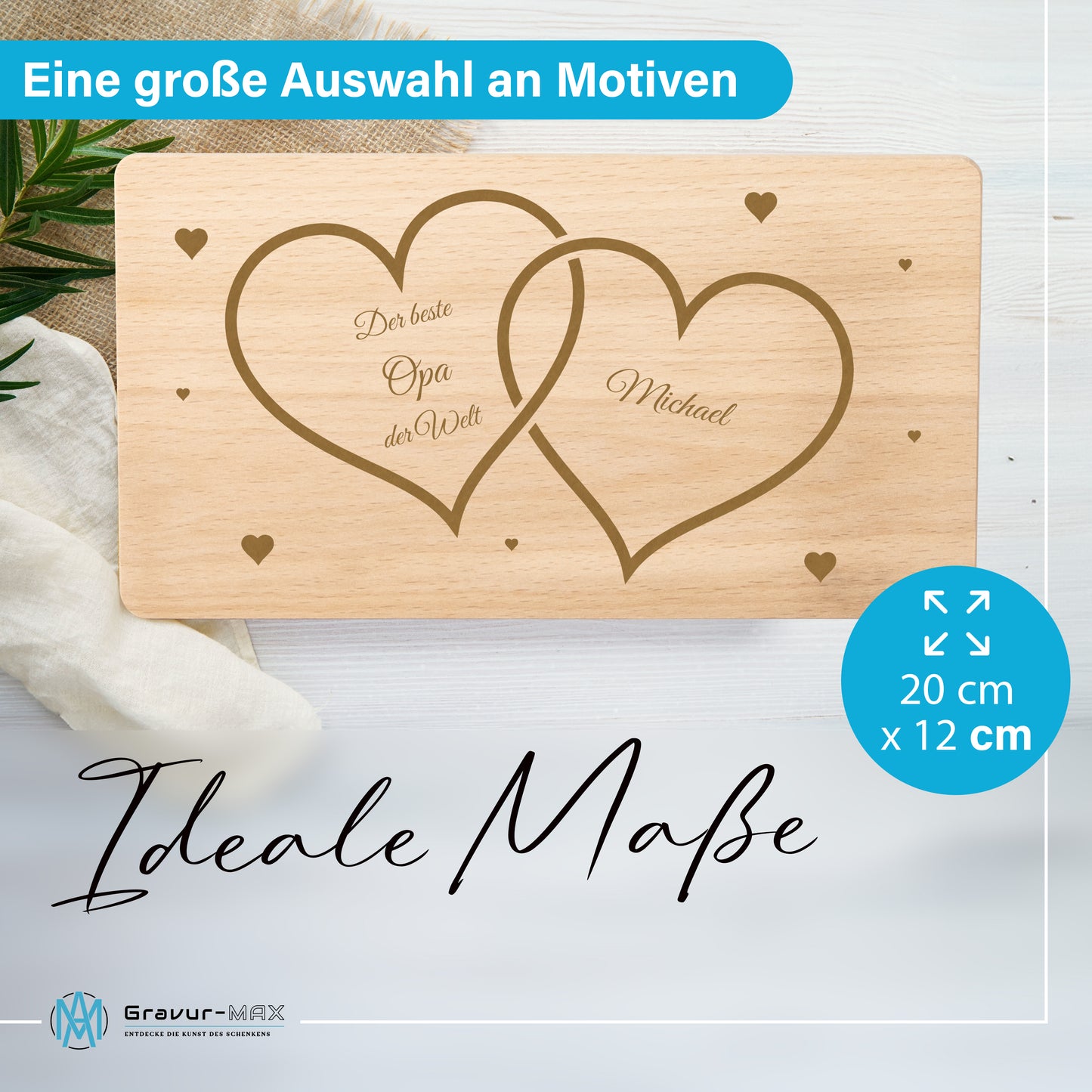 Frühstücksbrettchen mit Gravur Herzen "DER BESTE OPA DER WELT" mit Wunschname