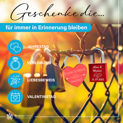 Herzschloss in Rot mit Gravur "Eheringe" Liebesschloss personalisiert mit Wunschnamen in 4 ver. Farben