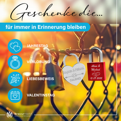Herzschloss in Silber mit Gravur "Unendlich in LOVE" Liebesschloss personalisiert mit Wunschnamen in 4 ver. Farben