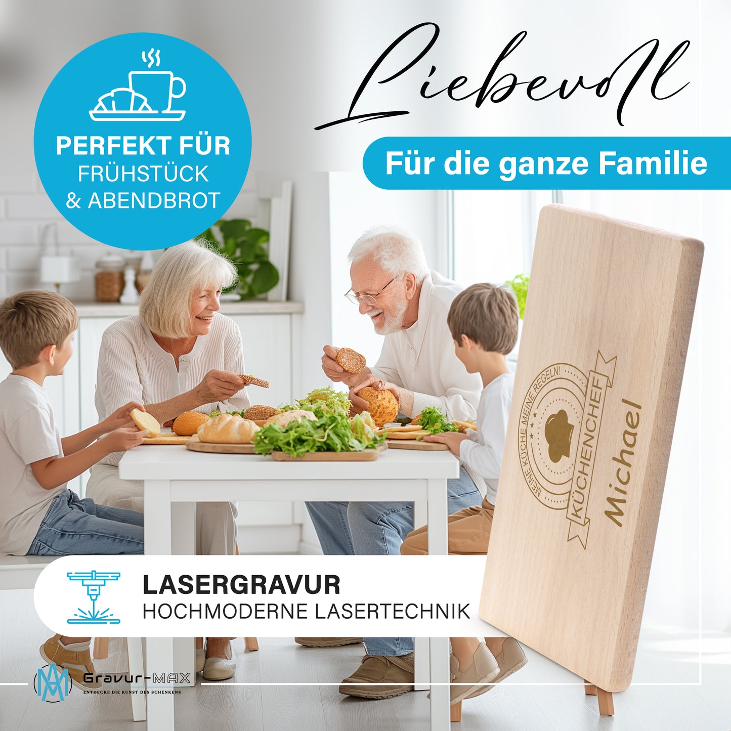 Frühstücksbrettchen mit Gravur Küchenchef "MEINE KÜCHE MEINE REGELN" mit Wunschname