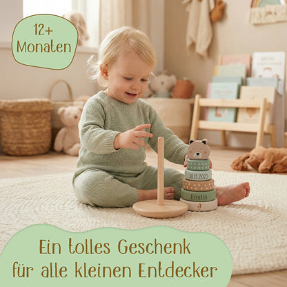 Jollein Stapelturm personalisierbar mit Name & Datum aus FSC-Holz - Babygeschenk zur Geburt oder Taufe