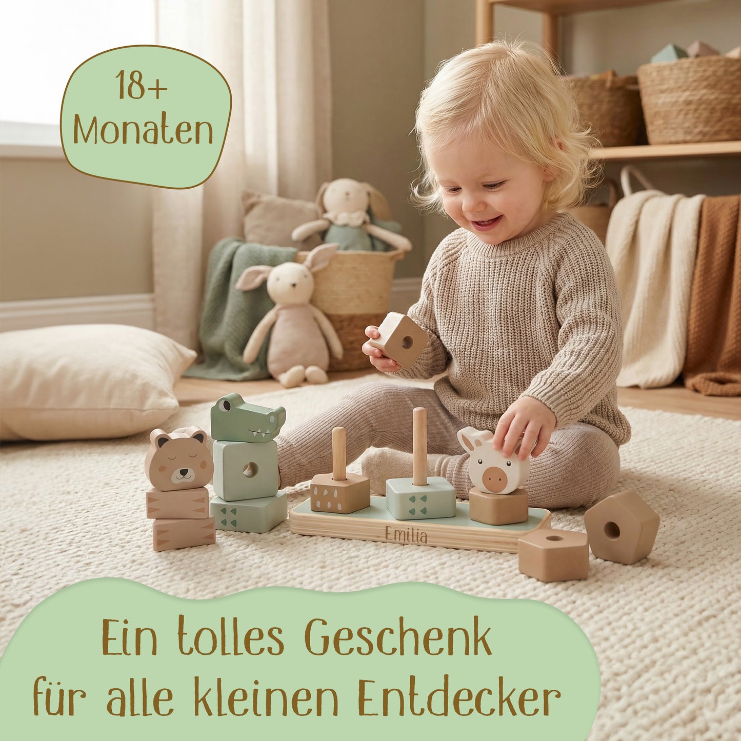Jollein Stapelturm personalisierbar mit Name & Datum aus FSC-Holz - Babygeschenk zur Geburt oder Taufe