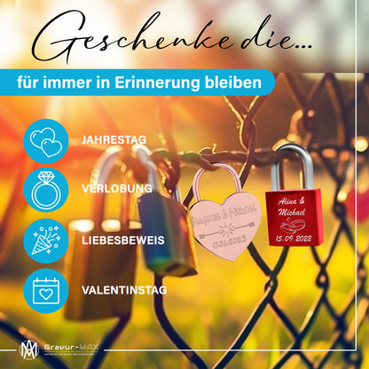 Herzschloss in Rose mit Gravur "Eheringe" Liebesschloss personalisiert mit Wunschnamen in 4 ver. Farben