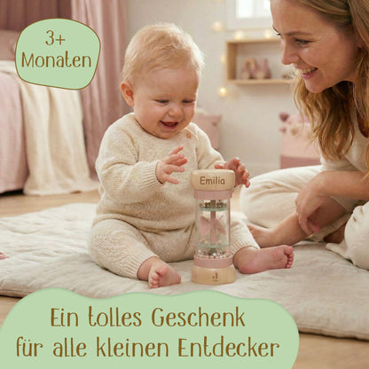 Jollein Regenmacher Rosa personalisierbar mit Name aus FSC-Holz - Babyrassel - Babygeschenk zur Geburt oder Taufe