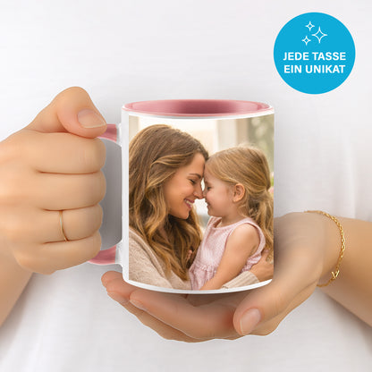 Personalisierte Fototasse selbst gestalten – in 13 ver. Farben mit eigenem Bild & Text | 3D Vorschau (330 ml)
