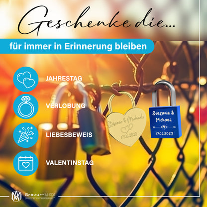 Liebesschloss in Blau mit Gravur "Amor" personalisiert mit Wunschnamen in 6 ver. Farben