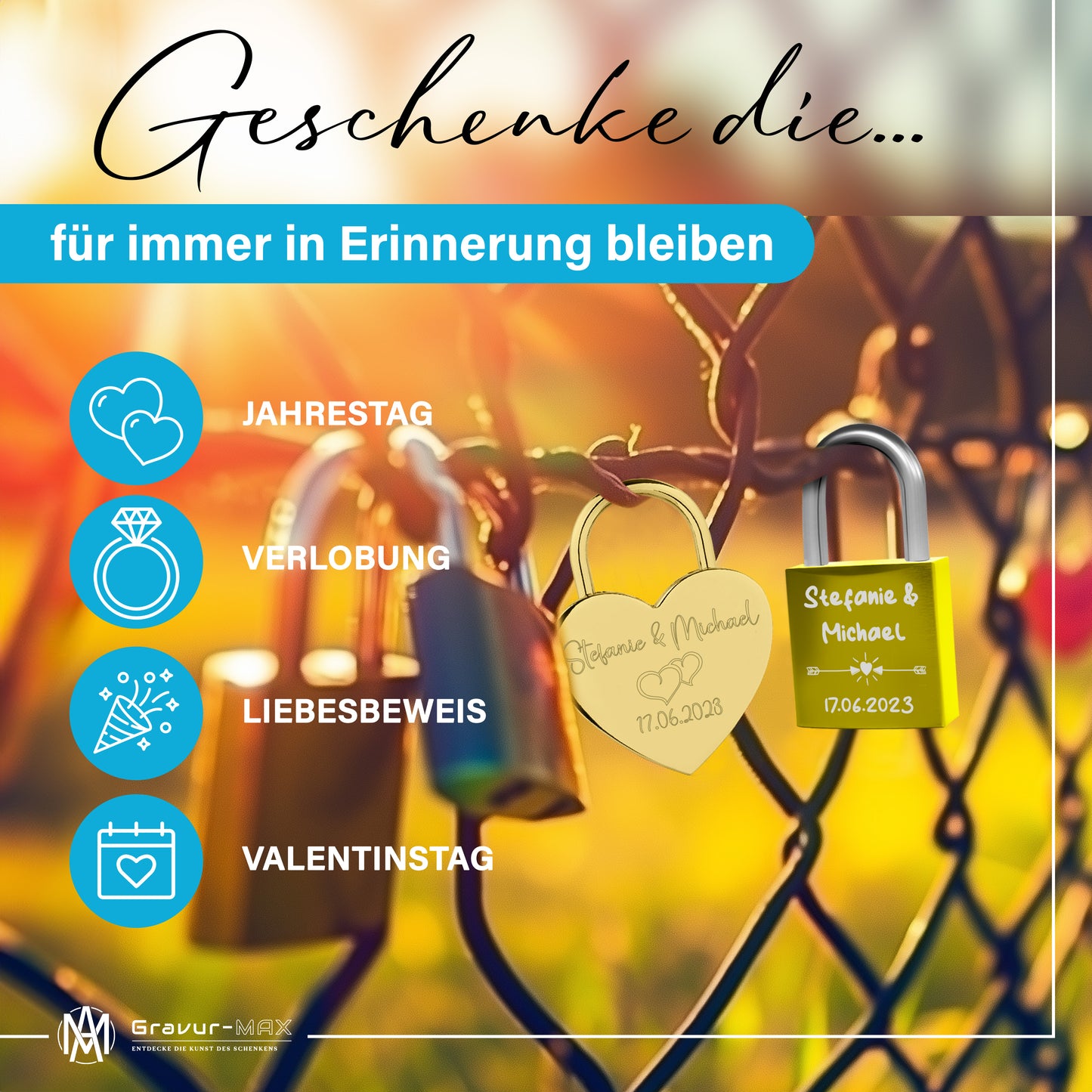 Liebesschloss in Gelb mit Gravur "Herzen" personalisiert mit Wunschnamen in 6 ver. Farben