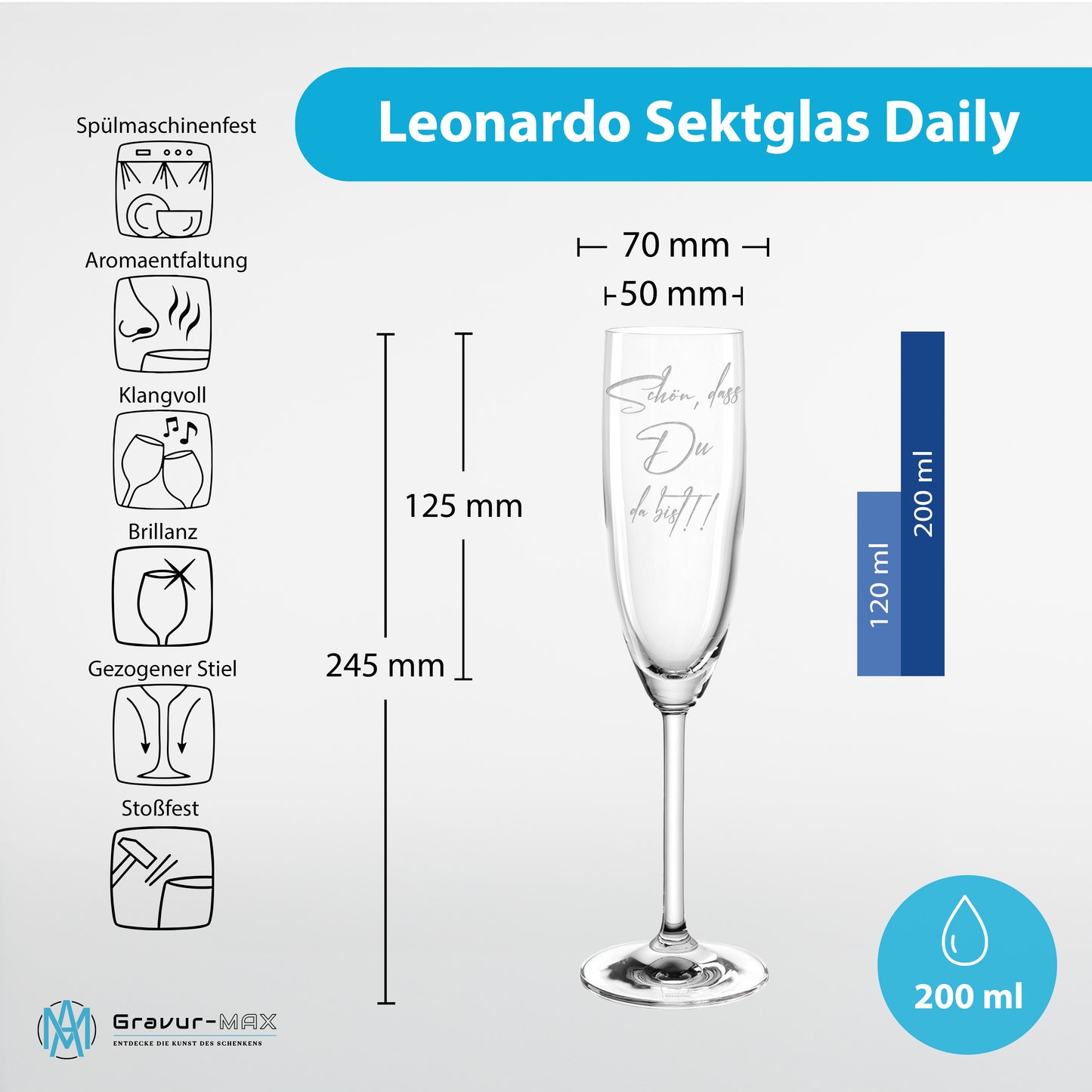 Sektglas mit Gravur Leonardo Daily "SCHÖN, DASS DU DA BIST!!"