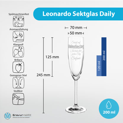 Sektglas mit Gravur Leonardo Daily "SCHEIß AUF VALENTINSTAG ICH LIEBE DICH JEDEN TAG" 2 Gläser mit Wunschname