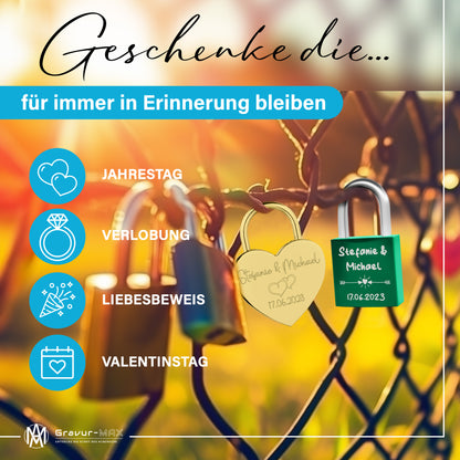 Liebesschloss in Grün mit Gravur "Herzranke" personalisiert mit Wunschnamen in 6 ver. Farben