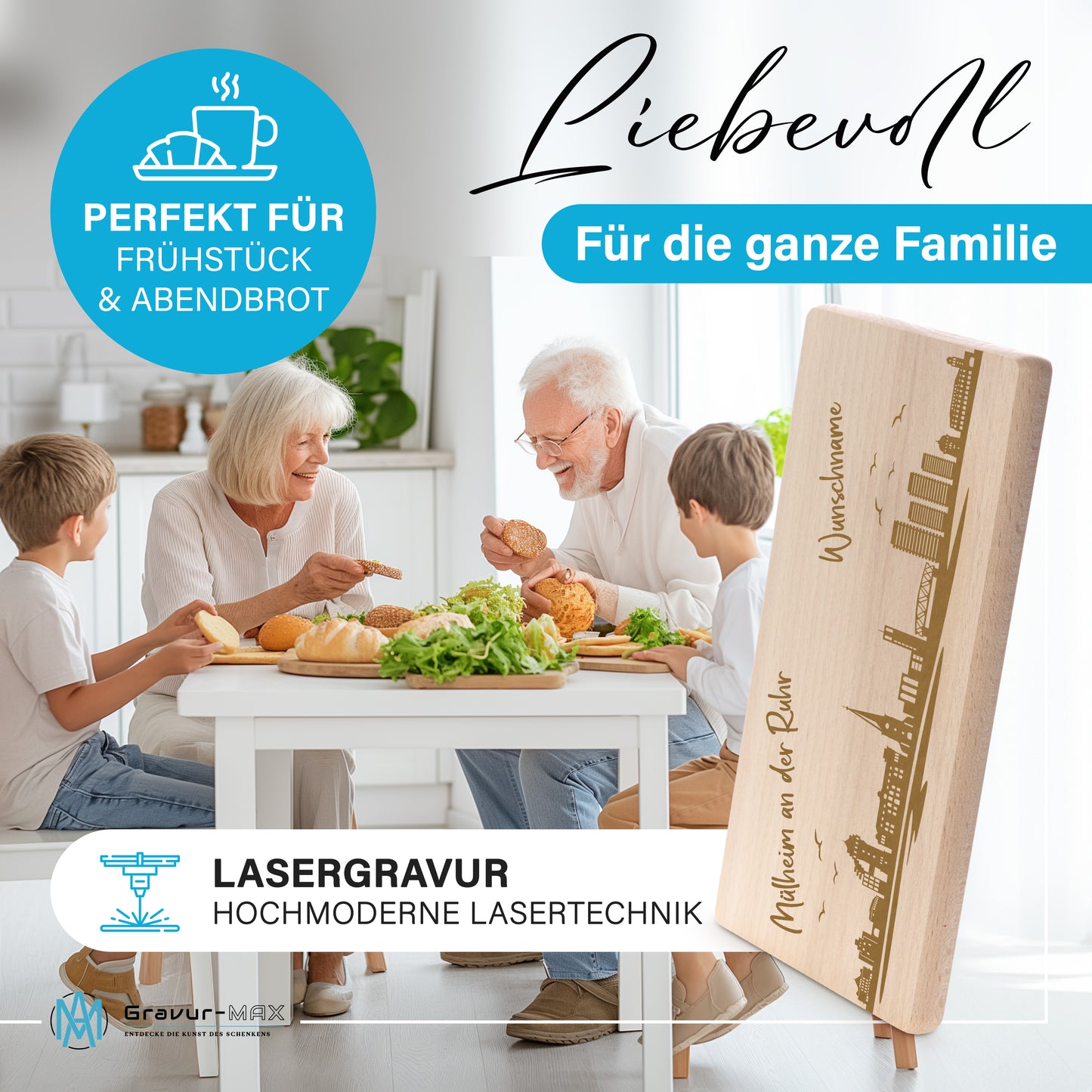 Frühstücksbrettchen 220x120mm mit Gravur mit der Skyline von Mülheim an der Ruhr personalisierbar mit Wunschname