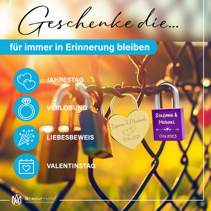 Liebesschloss in Lila mit Gravur "Amor" personalisiert mit Wunschnamen in 6 ver. Farben