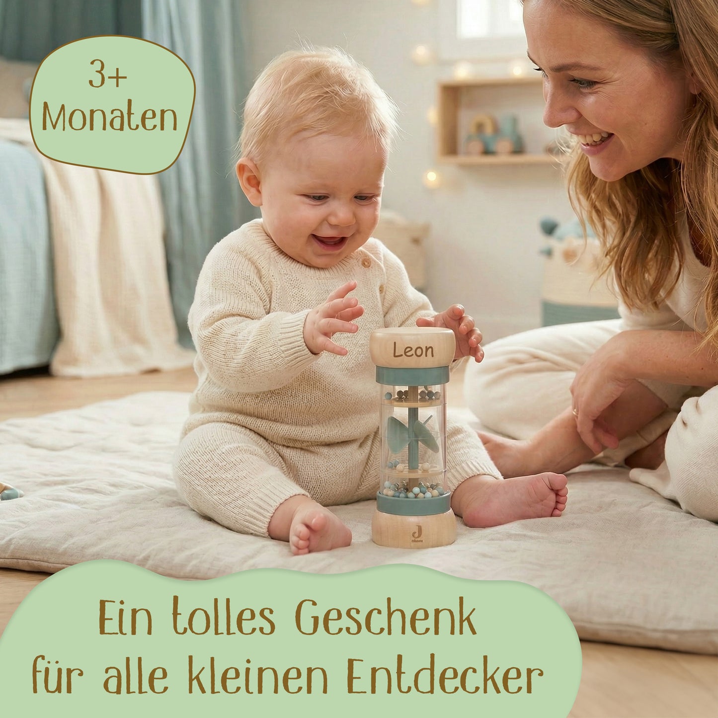 Jollein Regenmacher Blau personalisierbar mit Name aus FSC-Holz - Babyrassel - Babygeschenk zur Geburt oder Taufe