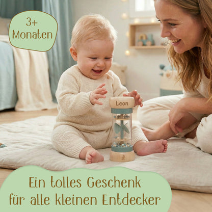 Jollein Regenmacher Blau personalisierbar mit Name aus FSC-Holz - Babyrassel - Babygeschenk zur Geburt oder Taufe