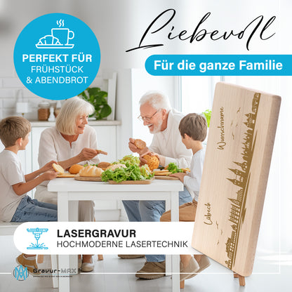 Frühstücksbrettchen 220x120mm mit Gravur mit der Skyline von Lübeck personalisierbar mit Wunschname