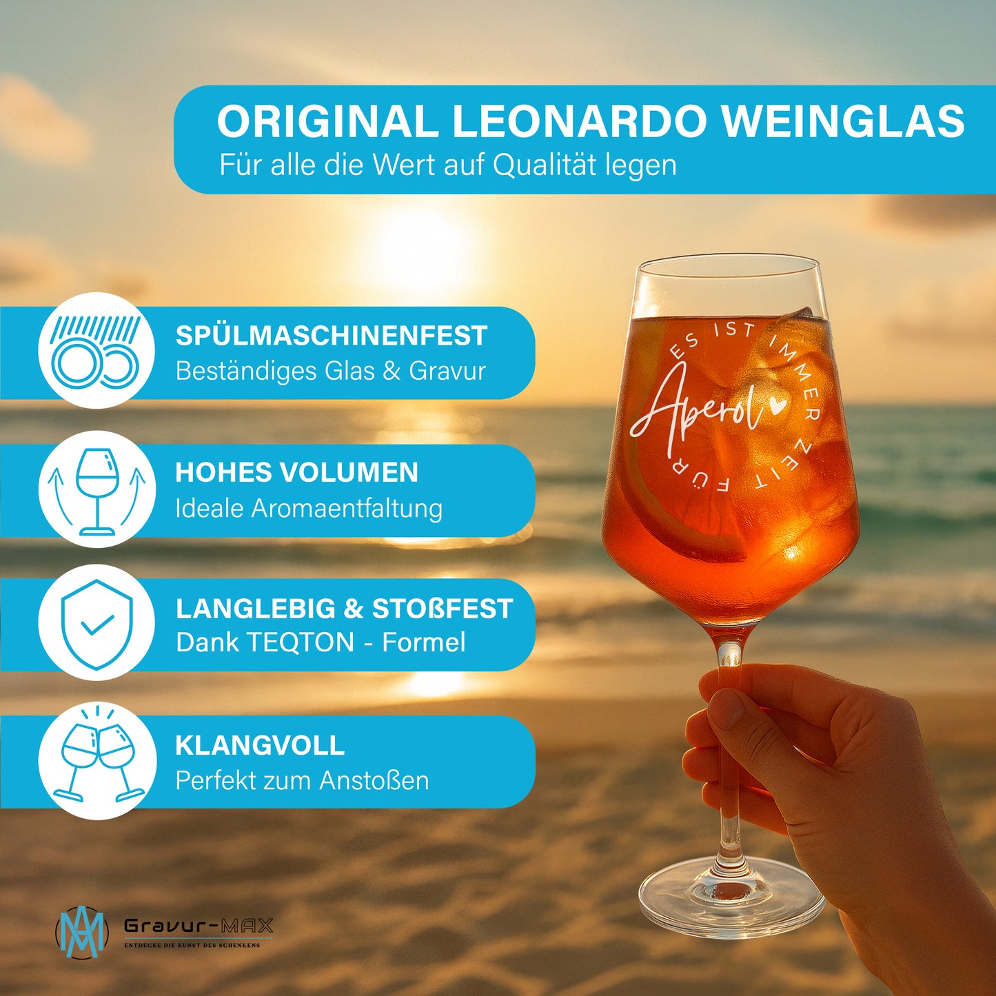 Weinglas mit Gravur Leonardo Puccini "ES IST IMMER ZEIT FÜR APEROL" 2 Gläser