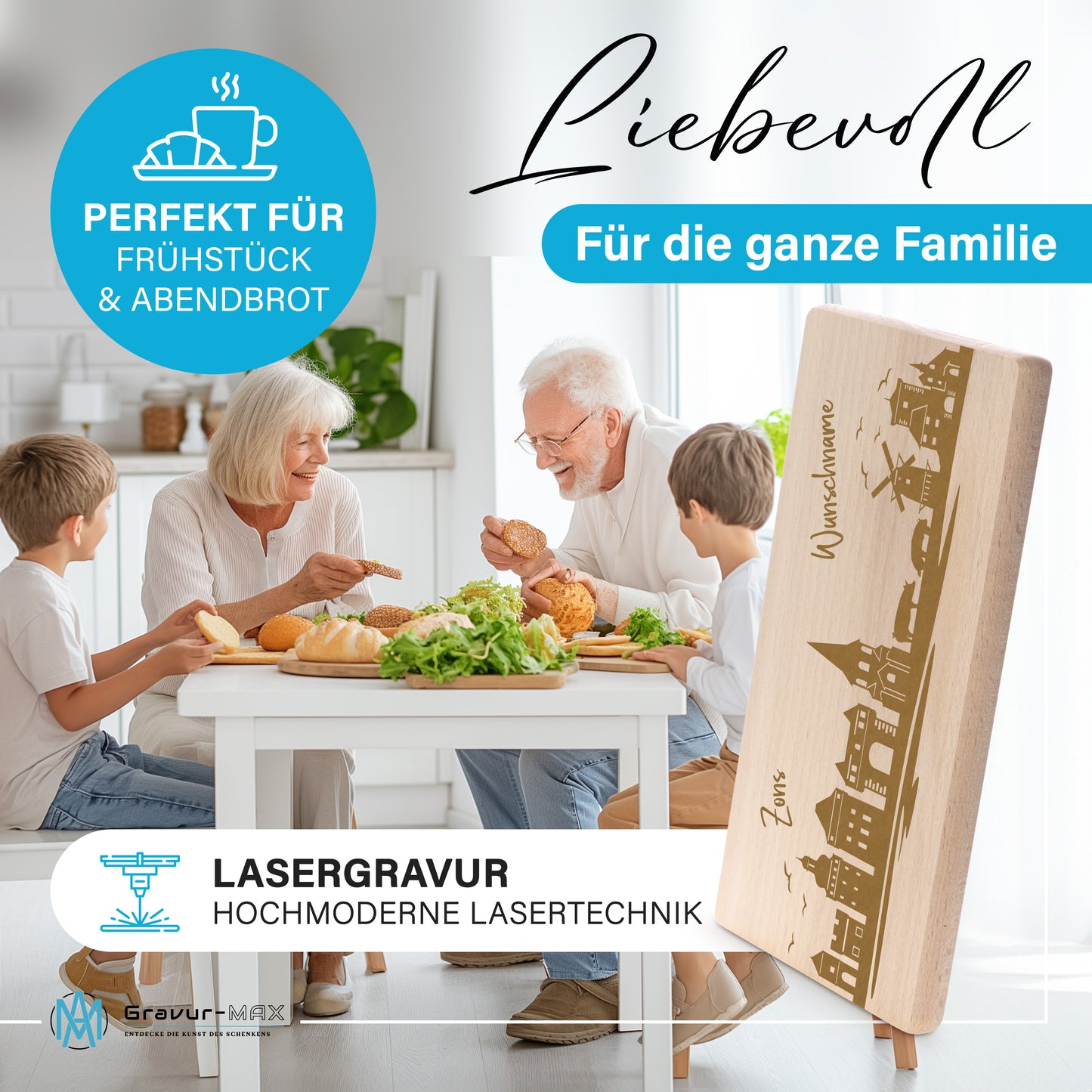 Frühstücksbrettchen 220x120mm mit Gravur mit der Skyline von Zons (Dormagen) personalisierbar mit Wunschname