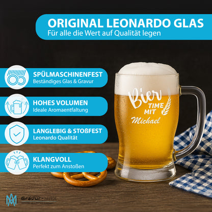 Bierkrug 0,5L mit Gravur Leonardo Taverna Bierglas "Bier time mit" 2 Gläser mit Wunschname