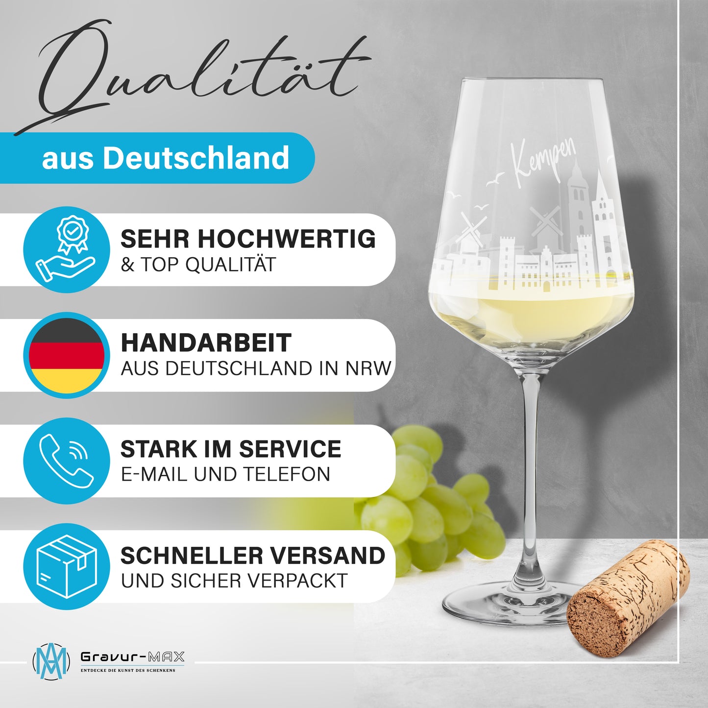 Weinglas mit Gravur Leonardo Puccini "SKYLINE KEMPEN" 2 Gläser optional mit Wunschname