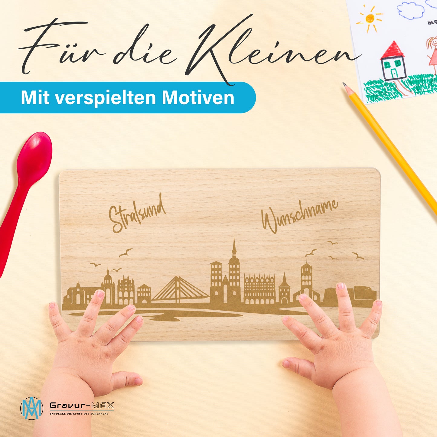Frühstücksbrettchen 220x120mm mit Gravur mit der Skyline von Stralsund personalisierbar mit Wunschname