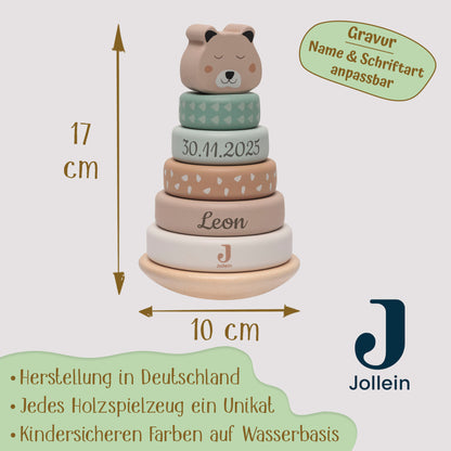Jollein Stapelturm personalisierbar mit Name & Datum aus FSC-Holz - Babygeschenk zur Geburt oder Taufe