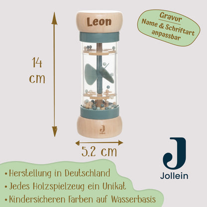 Jollein Regenmacher Blau personalisierbar mit Name aus FSC-Holz - Babyrassel - Babygeschenk zur Geburt oder Taufe