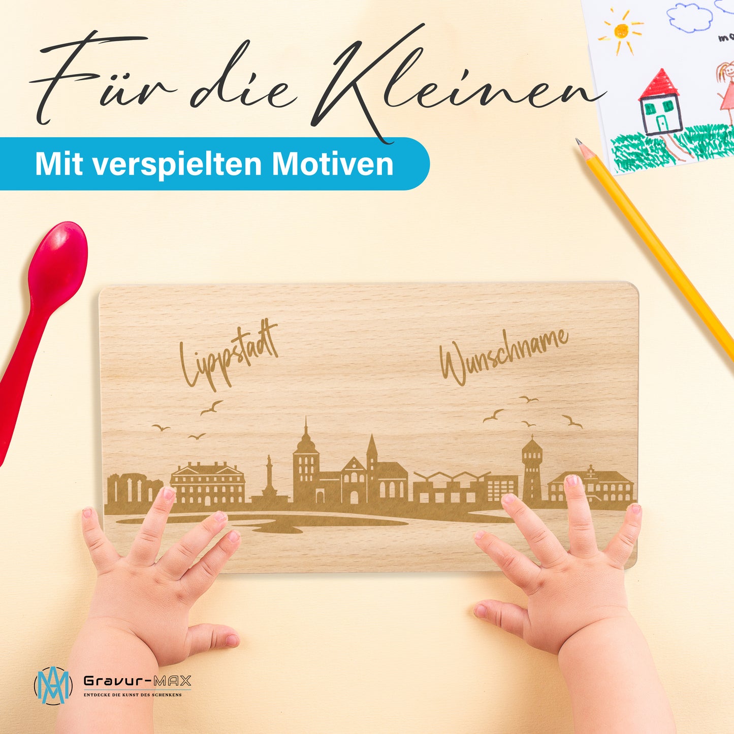 Frühstücksbrettchen 220x120mm mit Gravur mit der Skyline von Lippstadt personalisierbar mit Wunschname