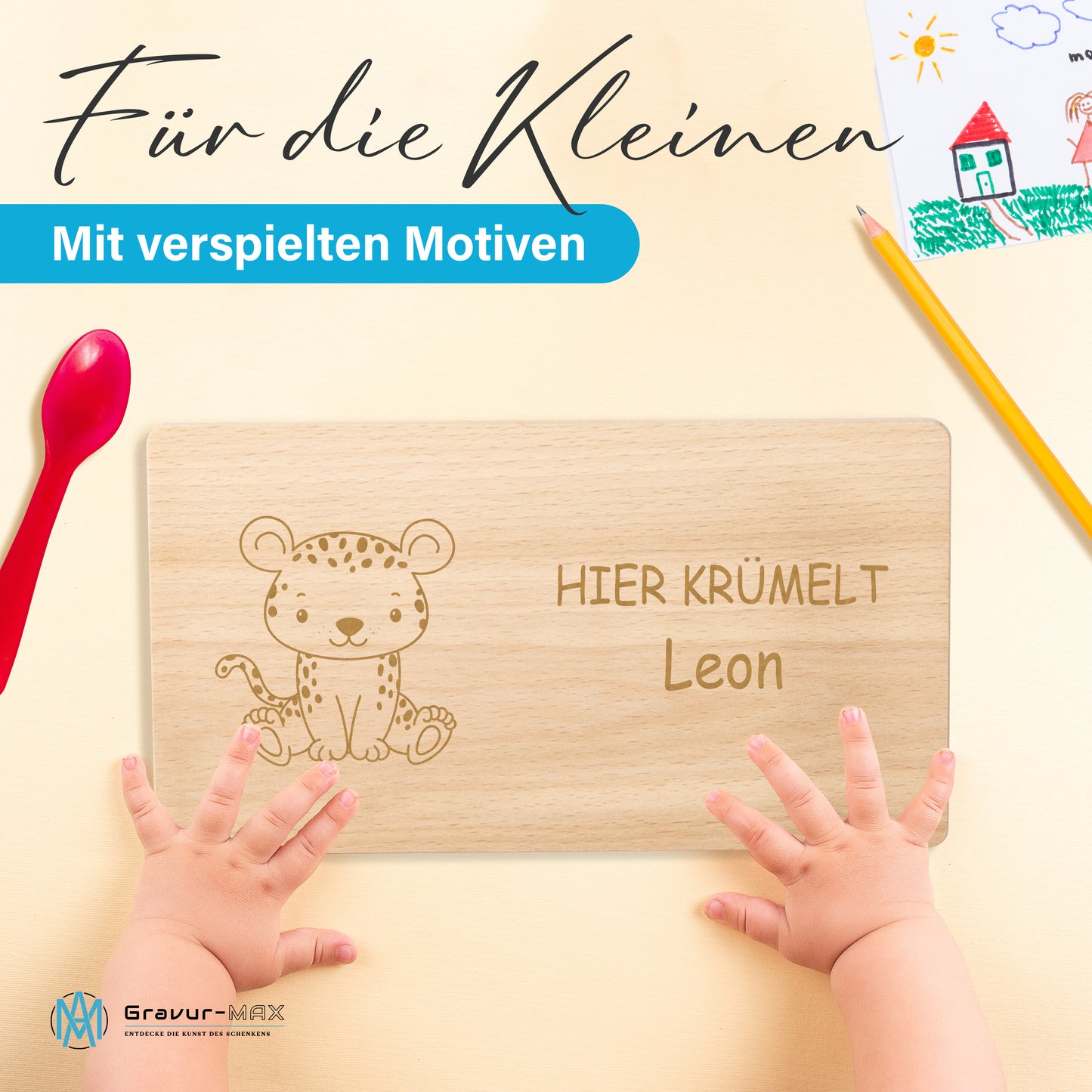 Frühstücksbrettchen 220x120mm mit Gravur "HIER KRÜMELT" mit Leopard und Wunschname