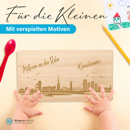 Frühstücksbrettchen 220x120mm mit Gravur mit der Skyline von Mülheim an der Ruhr personalisierbar mit Wunschname