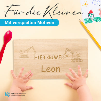 Frühstücksbrettchen mit Gravur Bagger "HIER KRÜMELT" mit Wunschname