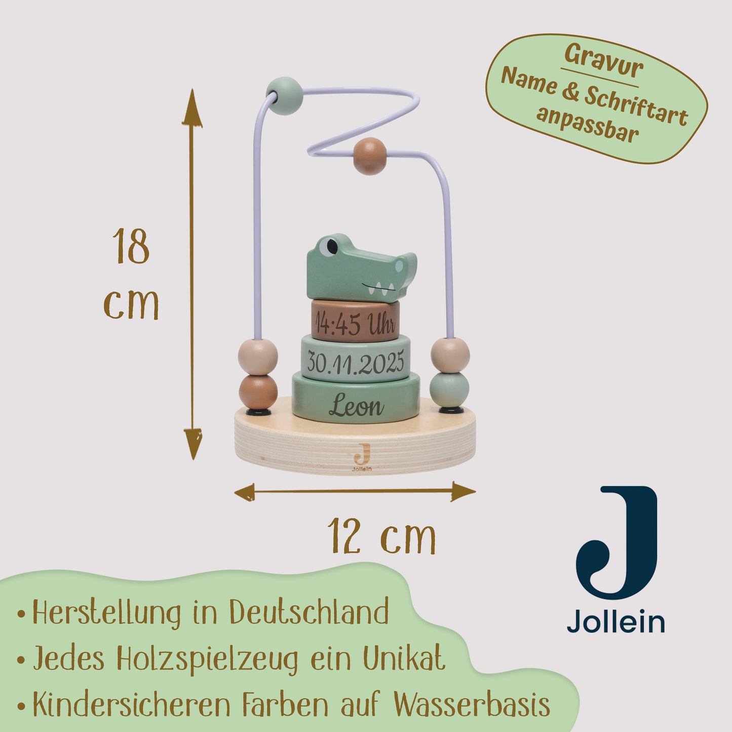 Jollein Aktivitätsspirale Kroko personalisierbar mit Name & Datum aus FSC-Holz - Motorikspielzeug - Babygeschenk zur Geburt oder Taufe