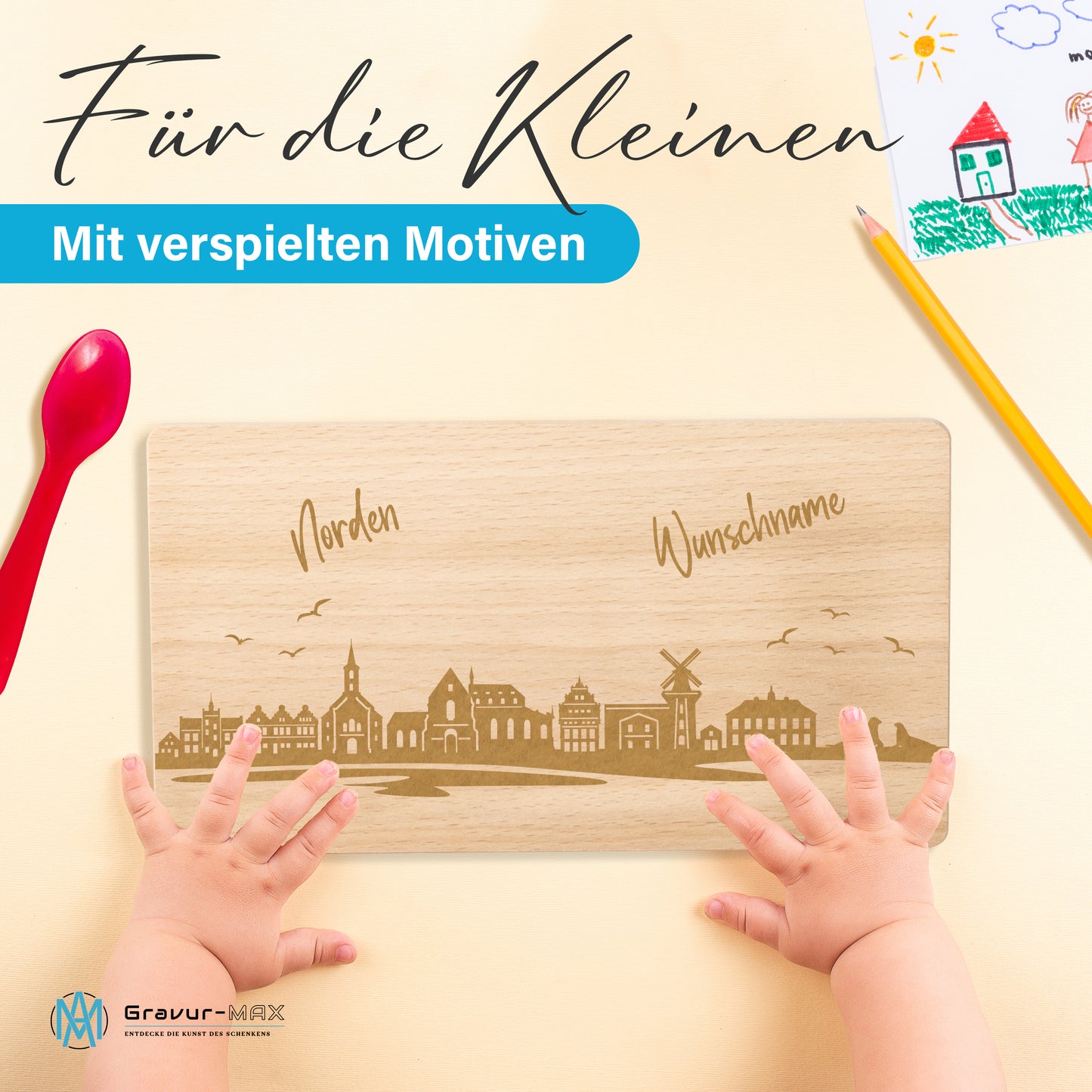 Frühstücksbrettchen 220x120mm mit Gravur mit der Skyline von Norden personalisierbar mit Wunschname