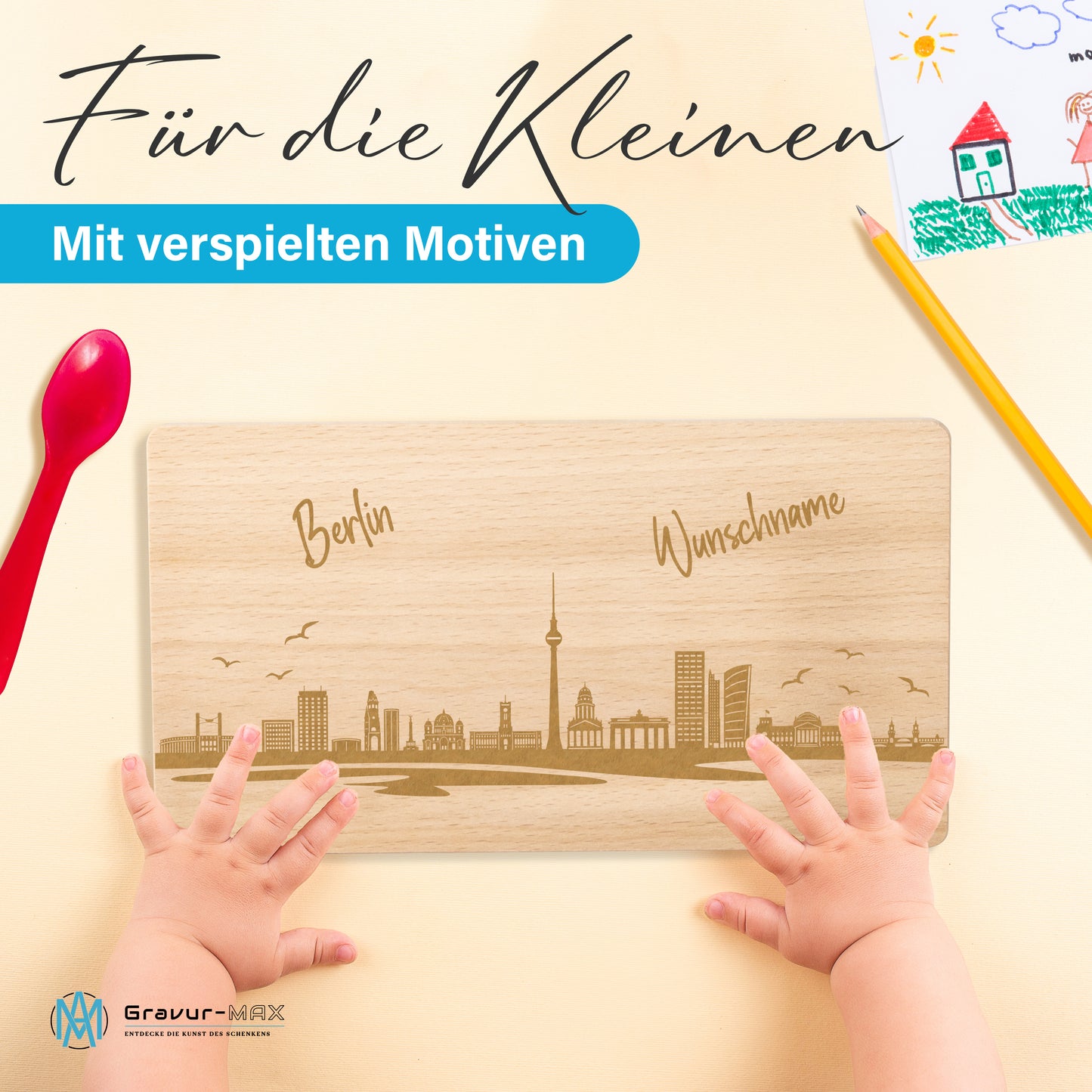 Frühstücksbrettchen 220x120mm mit Gravur mit der Skyline von Berlin personalisierbar mit Wunschname
