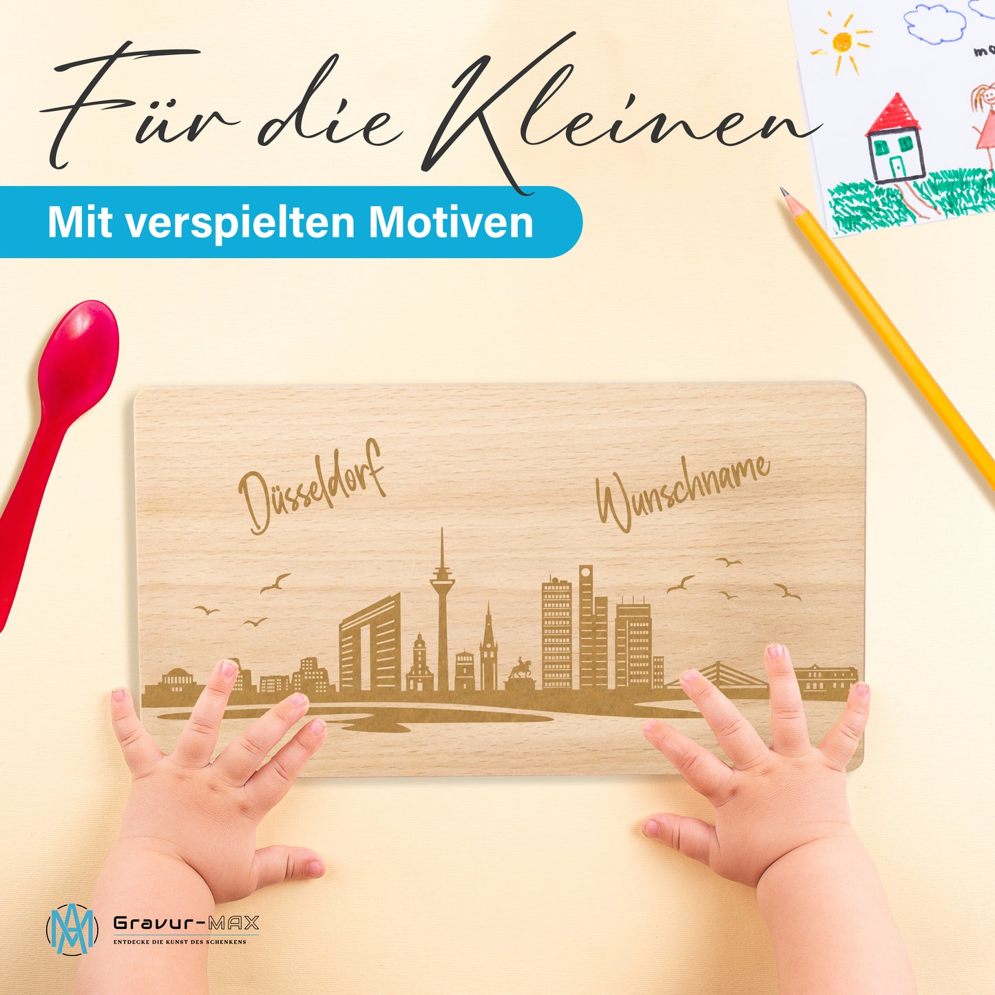 Frühstücksbrettchen 220x120mm mit Gravur mit der Skyline von Düsseldorf personalisierbar mit Wunschname