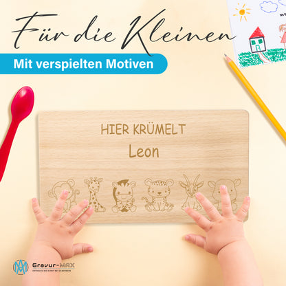 Frühstücksbrettchen 220x120mm mit Gravur "HIER KRÜMELT" Tierchen und Wunschname